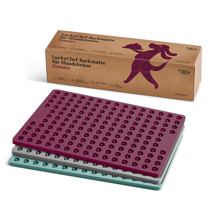 Beerefarbene LuckyChef Backmatte für Hundekekse – Donuts, verpackung + set