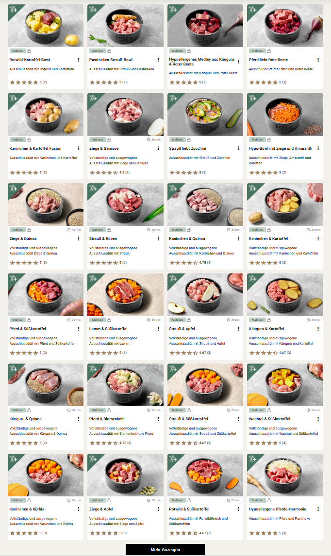 Hypoallergene Rezepte in der LuckyChef App auf einen Blick Rezeptübersicht für Ausschlussdiät in der LuckyChef App