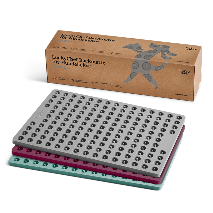 Graufarbene LuckyChef Backmatte für Hundekekse – Donuts, verpackung + set