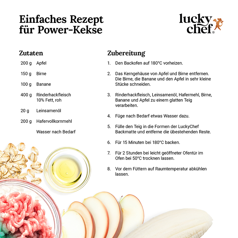 Rezept für LuckyChef Power-Kekse – Zutatenliste und Zubereitungsschritte zum Nachbacken für Hunde